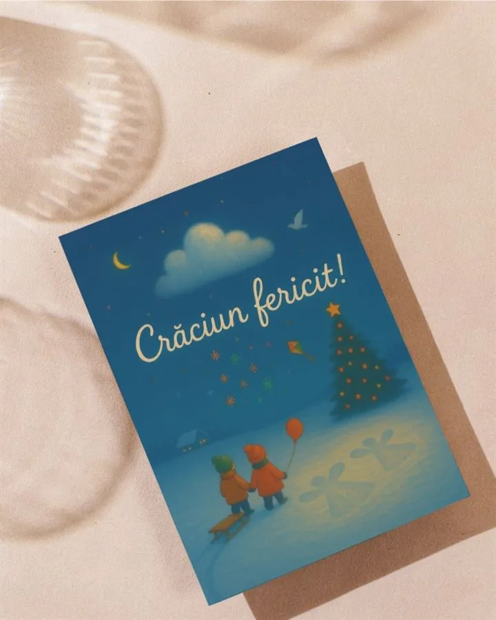 Felicitare handmade de Crăciun cu noapte de iarnă.