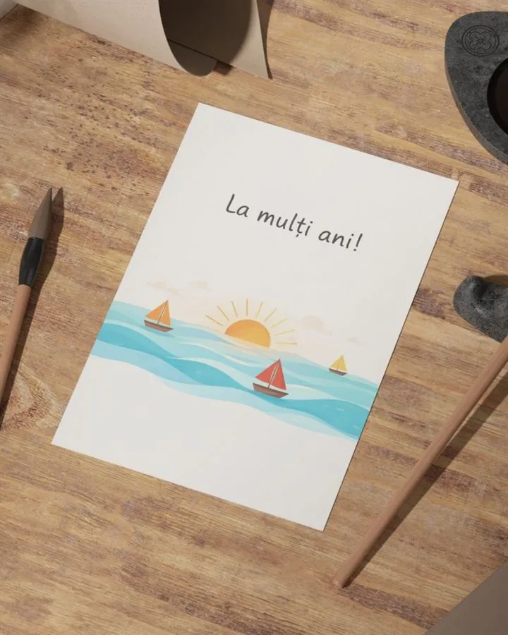 Felicitare „La mulți ani” handmade. Bărci pe mare