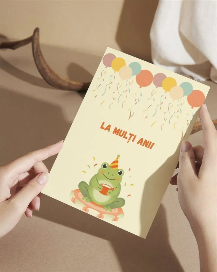 Felicitare handmade „La mulți ani” cu broscuță.