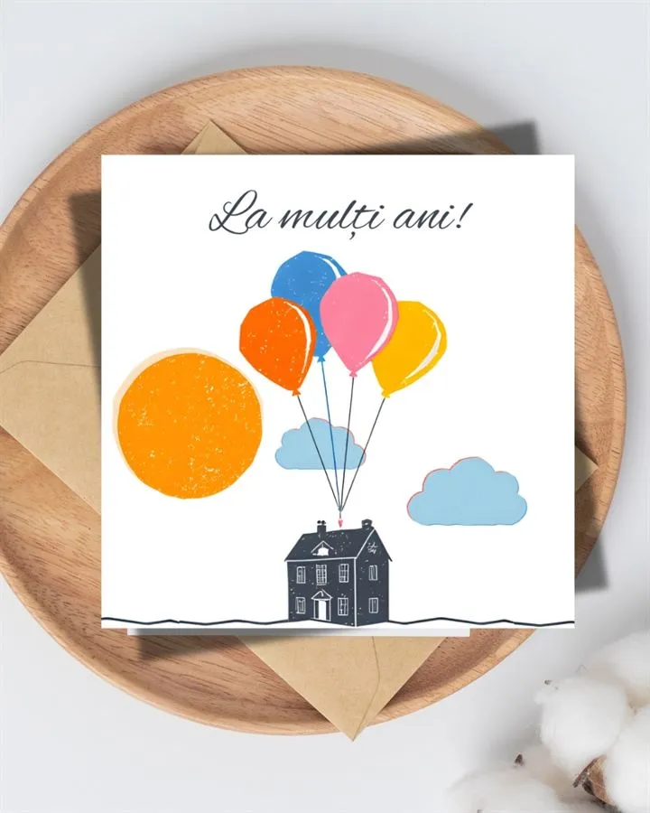 Felicitare handmade „La mulți ani” cu căsuță cu baloane.