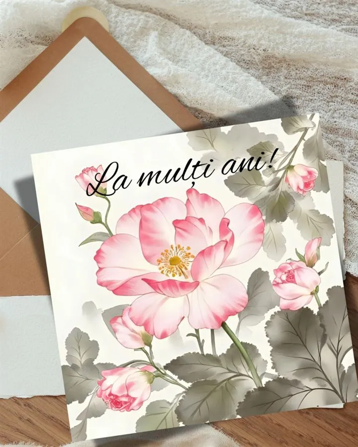 Felicitare „La mulți ani” handmade. Trandafiri roz